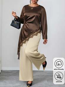 Chikora Plus Size Lace Patchwork Long Sleeve Asymmetrical Hem Shirt Fall Clothes For Women - Brown - View 9