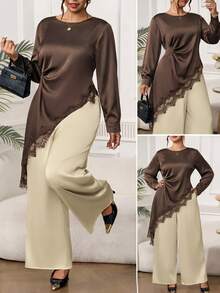 Chikora Plus Size Lace Patchwork Long Sleeve Asymmetrical Hem Shirt Fall Clothes For Women - Brown - View 1