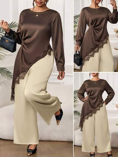 Chikora Plus Size Lace Patchwork Long Sleeve Asymmetrical Hem Shirt Fall Clothes For Women