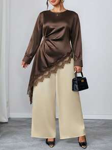 Chikora Plus Size Lace Patchwork Long Sleeve Asymmetrical Hem Shirt Fall Clothes For Women - Brown - View 6