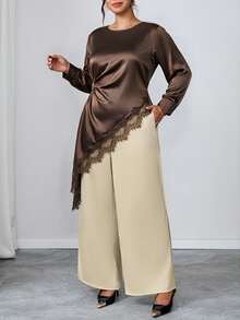 Chikora Plus Size Lace Patchwork Long Sleeve Asymmetrical Hem Shirt Fall Clothes For Women - Brown - View 5
