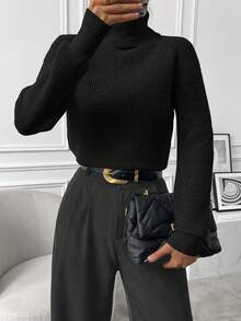 SHEIN Turtleneck Ribbed Knit Sweater,Long Sleeve Tops Knit Pullover Fall Winter Sweater - Black - View 8