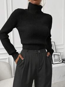 SHEIN Turtleneck Ribbed Knit Sweater,Long Sleeve Tops Knit Pullover Fall Winter Sweater - Black - View 7