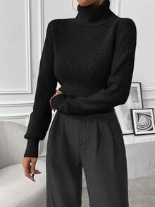 SHEIN Turtleneck Ribbed Knit Sweater,Long Sleeve Tops Knit Pullover Fall Winter Sweater - Black - View 9