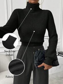SHEIN Turtleneck Ribbed Knit Sweater,Long Sleeve Tops Knit Pullover Fall Winter Sweater - Black - View 4