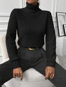 SHEIN Turtleneck Ribbed Knit Sweater,Long Sleeve Tops Knit Pullover Fall Winter Sweater - Black - View 10