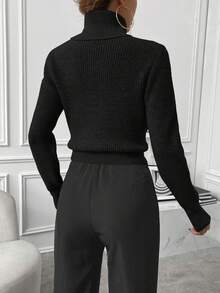SHEIN Turtleneck Ribbed Knit Sweater,Long Sleeve Tops Knit Pullover Fall Winter Sweater - Black - View 3
