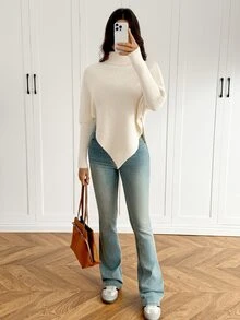 SHEIN Tall Women Sweaters City Break Everyday Cream White Autumn Winter,Work Outfits For Women,Suitable For Going Out,Office Sweaters,Irregular Hems,Tall - White - View 4