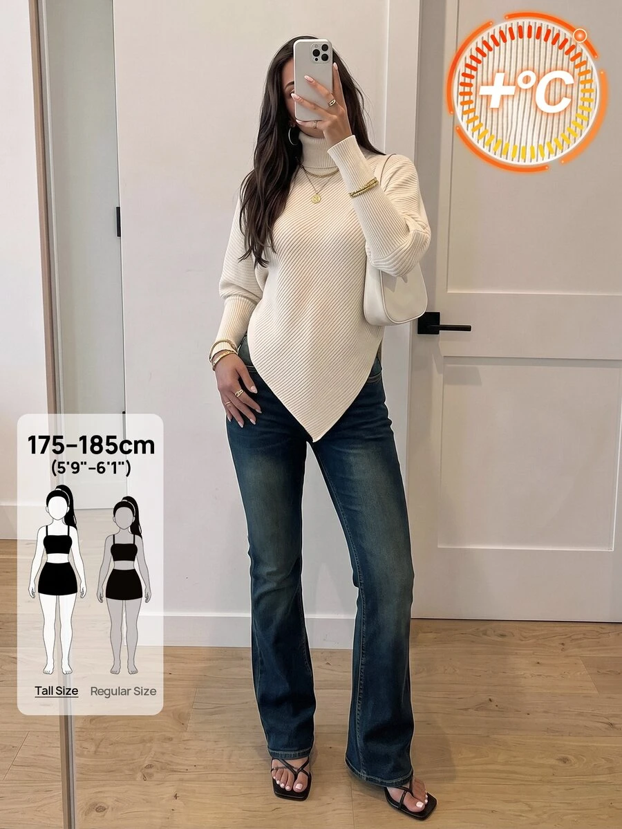 SHEIN Tall 女款城市度假日常米白色秋冬毛衣,適合外出與辦公室穿著,不規則下擺,高身長款 - 白色 - 查看 1