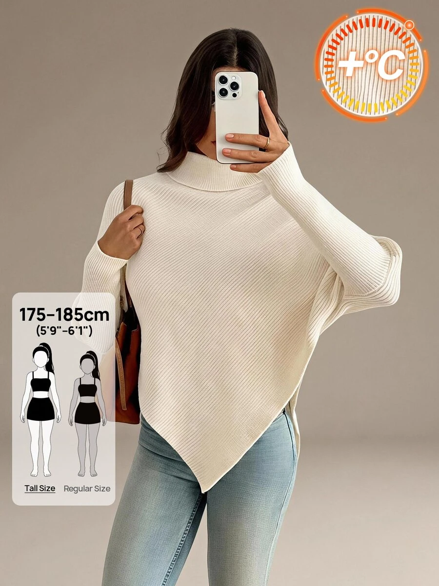 SHEIN Tall Women Sweaters City Break Everyday Cream White Autumn Winter,Work Outfits For Women,Suitable For Going Out,Office Sweaters,Irregular Hems,Tall - White - View 1