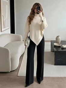 SHEIN Tall Women Sweaters City Break Everyday Cream White Autumn Winter,Work Outfits For Women,Suitable For Going Out,Office Sweaters,Irregular Hems,Tall - White - View 11
