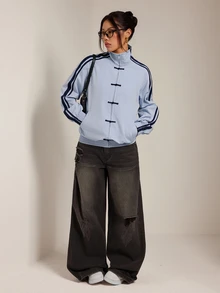SHEIN PETITE Blue Woven Women's Jacket With Side Stripe And Frog Button Design - Blue - View 9