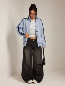 SHEIN PETITE Blue Woven Women's Jacket With Side Stripe And Frog Button Design - Blue - View 8