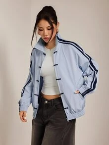 SHEIN PETITE Blue Woven Women's Jacket With Side Stripe And Frog Button Design - Blue - View 10