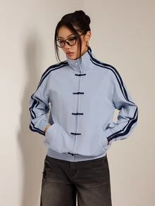 SHEIN PETITE Blue Woven Women's Jacket With Side Stripe And Frog Button Design - Blue - View 5
