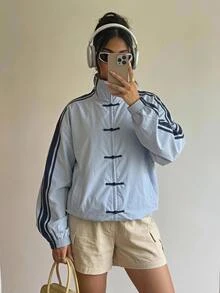 SHEIN PETITE Blue Woven Women's Jacket With Side Stripe And Frog Button Design - Blue - View 3