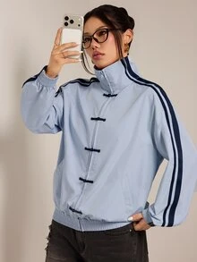 SHEIN PETITE Blue Woven Women's Jacket With Side Stripe And Frog Button Design - Blue - View 7