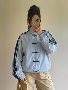 SHEIN PETITE Blue Woven Women's Jacket With Side Stripe And Frog Button Design - Blue - View 4