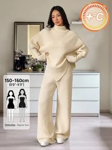 SHEIN PETITE Setelan Dua Potong Serbaguna untuk Liburan Musim Gugur/Dingin Wanita, Terdiri dari Atasan Asimetris Model Batwing Warna Polos Kerah Tinggi dan Celana Panjang, Cocok untuk Acara Santai, Ukuran Petite - Aprikot - View 9