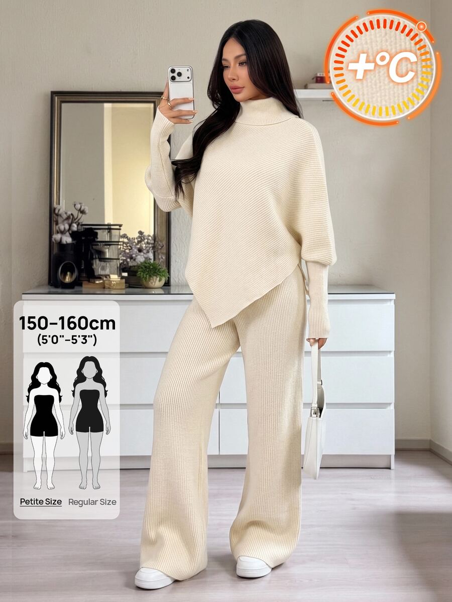 SHEIN PETITE Setelan Dua Potong Serbaguna untuk Liburan Musim Gugur/Dingin Wanita, Terdiri dari Atasan Asimetris Model Batwing Warna Polos Kerah Tinggi dan Celana Panjang, Cocok untuk Acara Santai, Ukuran Petite - Aprikot - View 1