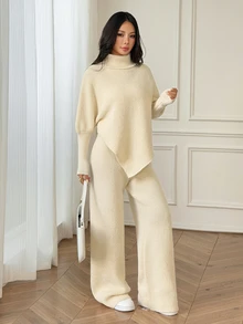 SHEIN PETITE Setelan Dua Potong Serbaguna untuk Liburan Musim Gugur/Dingin Wanita, Terdiri dari Atasan Asimetris Model Batwing Warna Polos Kerah Tinggi dan Celana Panjang, Cocok untuk Acara Santai, Ukuran Petite - Aprikot - View 7