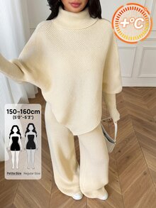 SHEIN PETITE Setelan Dua Potong Serbaguna untuk Liburan Musim Gugur/Dingin Wanita, Terdiri dari Atasan Asimetris Model Batwing Warna Polos Kerah Tinggi dan Celana Panjang, Cocok untuk Acara Santai, Ukuran Petite - Aprikot - View 8