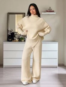 SHEIN PETITE Setelan Dua Potong Serbaguna untuk Liburan Musim Gugur/Dingin Wanita, Terdiri dari Atasan Asimetris Model Batwing Warna Polos Kerah Tinggi dan Celana Panjang, Cocok untuk Acara Santai, Ukuran Petite - Aprikot - View 10