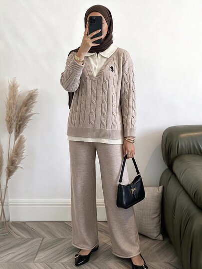 Solavon Women's Knight Pattern 2 In 1 Long Sleeve Sweater And Knitted Pants Set Teachers' Day Office School Brown Off-White Autumn Casual