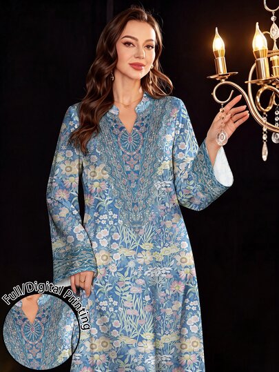 SHEIN Najma Women's Blue Background Colorful Floral Print Fashion Small V-Neck Stand Collar Flared Long Sleeve Spring Autumn Elegant Arabian Dress, Spring Autumn Casual Vacation Street Wear Long Dress, Arabic Style Clothing