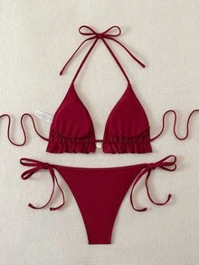 SHEIN Swim 女士夏季海灘純色荷葉邊細肩帶綁帶性感比基尼泳衣套裝 紅色比基尼套裝 - 酒紅色 - 查看 9