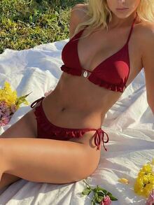 SHEIN Swim 女士夏季海灘純色荷葉邊細肩帶綁帶性感比基尼泳衣套裝 紅色比基尼套裝 - 酒紅色 - 查看 5