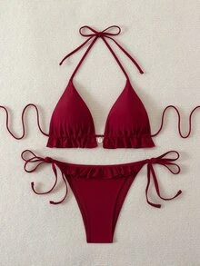 SHEIN Swim 女士夏季海灘純色荷葉邊細肩帶綁帶性感比基尼泳衣套裝 紅色比基尼套裝 - 酒紅色 - 查看 8