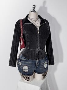 SHEIN ICON Women's Plus Size Retro Baggy Goth Cargo Casual Y2K Ribbed Patchwork Distressed Washed Snowflake Stand Collar Jacket Fall Homewear Party Grey - Black - View 11