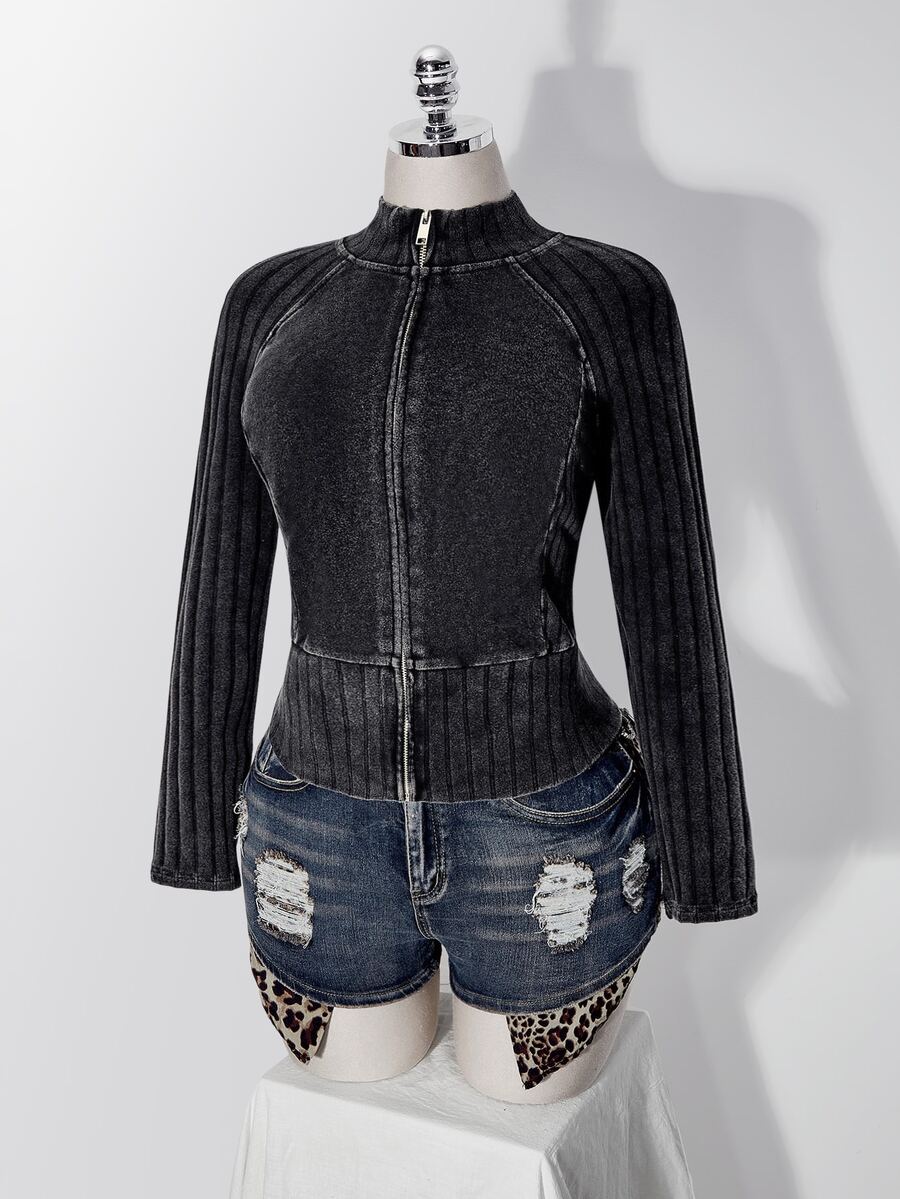 SHEIN ICON Women's Plus Size Retro Baggy Goth Cargo Casual Y2K Ribbed Patchwork Distressed Washed Snowflake Stand Collar Jacket Fall Homewear Party Grey - Black - View 1