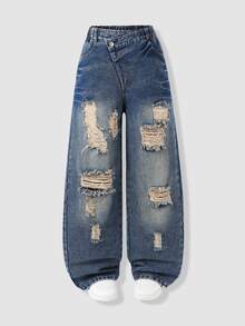 Genkimix Kids Tween Girl Ripped Wide Leg Jeans - Dark Wash - View 4