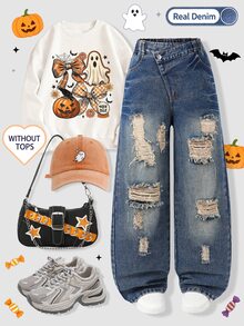 Genkimix Kids Tween Girl Ripped Wide Leg Jeans - Dark Wash - View 1