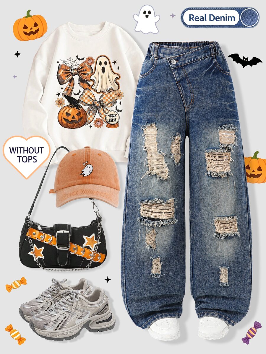 Genkimix Kids Tween Girl Ripped Wide Leg Jeans - Dark Wash - View 1