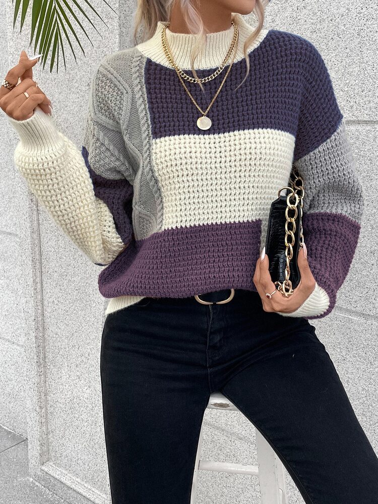EMERY ROSE Women's Contrast Color High Neck Drop Shoulder Long Sleeve Knit Casual Loose Pullover Sweater,Dark Purple,Autumn,Brunch Color Block Fall Tops - Multicolor - View 1