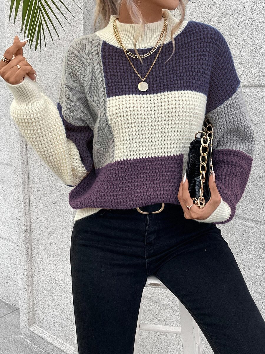 EMERY ROSE Women's Contrast Color High Neck Drop Shoulder Long Sleeve Knit Casual Loose Pullover Sweater,Dark Purple,Autumn,Brunch Color Block Fall Tops - Multicolor - View 1
