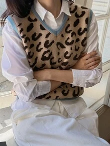 Livesso Leopard Pattern Sweater Vest Without Blouse Autumn School Beige Leopard Print Casual Preppy Everyday School - White - View 5