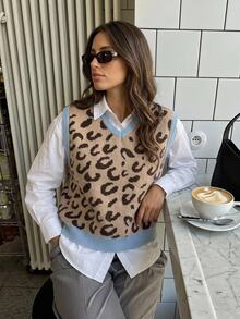 Livesso Leopard Pattern Sweater Vest Without Blouse Autumn School Beige Leopard Print Casual Preppy Everyday School - White - View 9