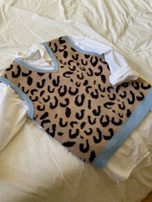 Livesso Leopard Pattern Sweater Vest Without Blouse Autumn School Beige Leopard Print Casual Preppy Everyday School - White - View 7