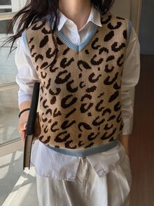 Livesso Leopard Pattern Sweater Vest Without Blouse Autumn School Beige Leopard Print Casual Preppy Everyday School - White - View 4