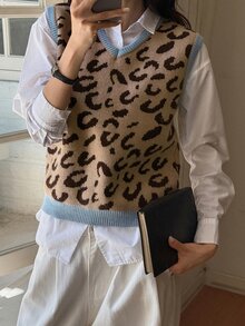 Livesso Leopard Pattern Sweater Vest Without Blouse Autumn School Beige Leopard Print Casual Preppy Everyday School - White - View 6