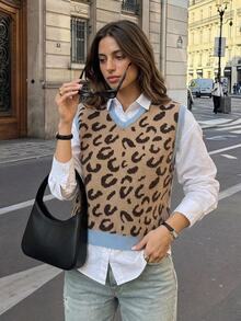 Livesso Leopard Pattern Sweater Vest Without Blouse Autumn School Beige Leopard Print Casual Preppy Everyday School - White - View 8