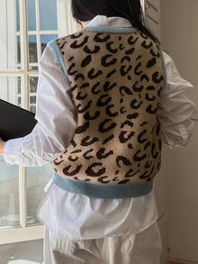 Livesso Leopard Pattern Sweater Vest Without Blouse Autumn School Beige Leopard Print Casual Preppy Everyday School - White - View 2
