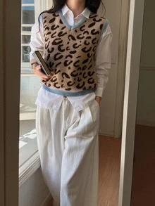 Livesso Leopard Pattern Sweater Vest Without Blouse Autumn School Beige Leopard Print Casual Preppy Everyday School - White - View 3