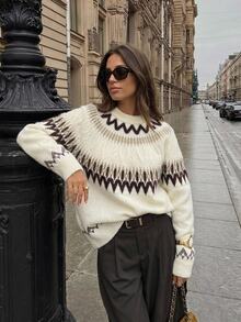 Strévra Autumn/Winter White Round Neck Long Sleeve Cable Knit Slim Fit Ribbed Casual Women's Sweater - White - View 8
