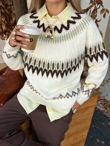 Strévra Autumn/Winter White Round Neck Long Sleeve Cable Knit Slim Fit Ribbed Casual Women's Sweater - White - View 7