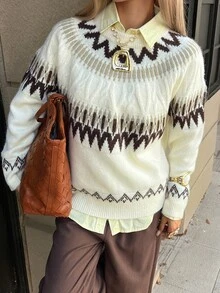 Strévra Autumn/Winter White Round Neck Long Sleeve Cable Knit Slim Fit Ribbed Casual Women's Sweater - White - View 6